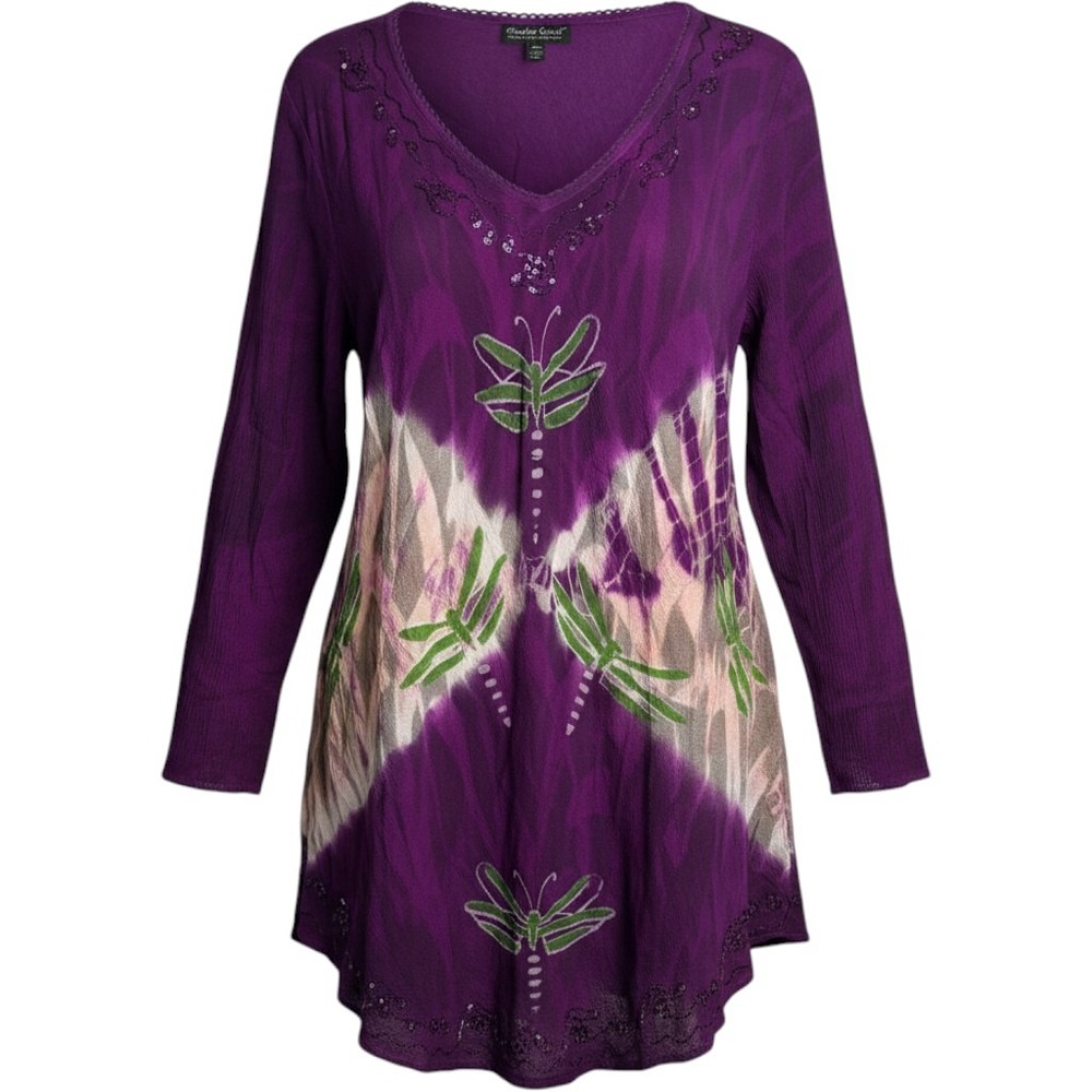 Greater Good Dragonfly Tunic Tie Dye Top 1X/2X Womens Purple Sequin Fairy Boho